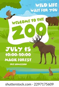 Volante de zoológico con animales del bosque y aves en el parque forestal para aventura de vida silvestre, afiche vectorial. Zoológico infantil o volante de invitación al parque natural con oso salvaje, alce o zorro con conejo y pato liebre