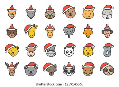 zoo and forest animal wearing christmas hat icon
