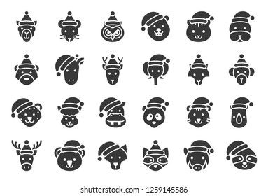 zoo and forest animal wearing christmas hat icon