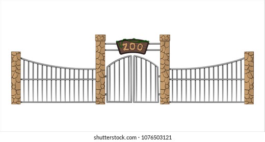Zoo gate. Isolated object in cartoon style on white background. Gateway with lattice. Vector illustration