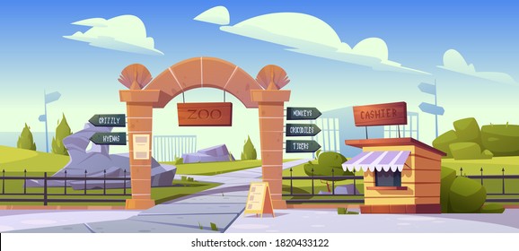 Zoo gates with pointers to wild animal cages monkeys, crocodiles, tigers, grizzly and hyenas. Outdoor park entrance with cashier booth, billboard, fencing and stone pillars Cartoon vector illustration
