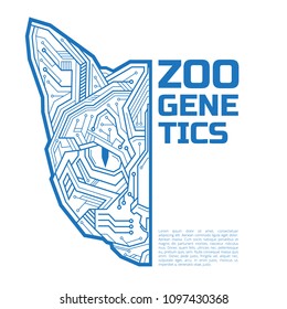 Zoo genetics logo. A half of a cat or kitten head consisting of microelectronic circuits and dots. Vector illustration isolated on white background. Perfect to use in advertising or web design