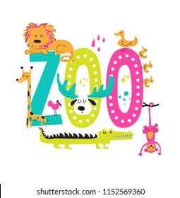 Zoo hand-drawn sign with cute animals in cartoon style, lion, monkey, crocodile, giraffe, duck, bird. Illustration for holiday party, kids camping, fest etc, zoo market, curcus. Vector illustration