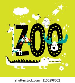 Zoo hand-drawn sign with cute animals in cartoon style, lion, monkey, crocodile, giraffe, duck, bird. Illustration for holiday party, kids camping, fest etc, zoo market, circus. Vector illustration