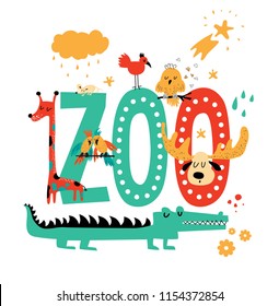 Zoo hand-drawn sign with cute animals in cartoon style, parrots, crocodile, giraffe, bird. Illustration for holiday party, kids camping, fest etc, zoo market, curcus. Vector illustration