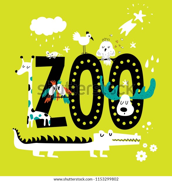 Zoo Handdrawn Sign Cute Animals Cartoon Stock Vector Royalty Free