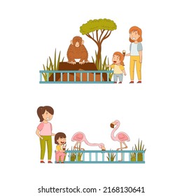 At Zoo with Happy Little Girl and Mother Looking at Monkey and Flamingo Behind Enclosure Vector Illustration Set