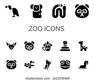 zoo icon set. 14 filled zoo icons.  Simple modern icons such as: Vulture, Koala, Snake, Panda bear, Panda, Fennec, Parrot, Chameleon, Frog, Sea lion, Giraffe