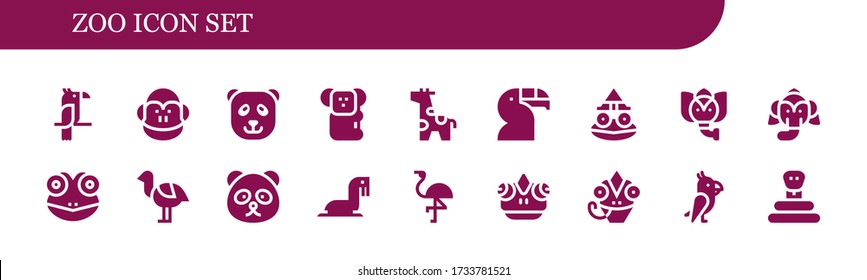 zoo icon set. 18 filled zoo icons. Included Parrot, Monkey, Panda bear, Koala, Giraffe, Toucan, Toad, Elephant, Frog, Ostrich, Sea lion, Flamingo, Chameleon, Snake icons