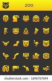 zoo icon set. 26 filled zoo icons. Included Gorilla, Panda bear, Toucan, Frog, Sloth, Chameleon, Parrot, Toad, Fennec, Sea lion, Flamingo, Panda, Ostrich, Snake, Elephant icons
