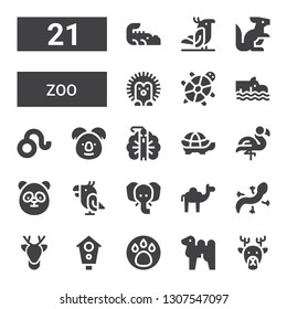 zoo icon set. Collection of 21 filled zoo icons included Deer, Camel, Animal, Aviary, Lizard, Elephant, Parrot, Panda, Flamingo, Tortoise, Peacock, Koala, Leo, Hippo, Hedgehog