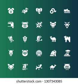 zoo icon set. Collection of 25 filled zoo icons included Saber toothed tiger, Camel, Lizard, Parrot, Fox, Savannah, Frog, Hedgehog, Panda, Toucan, Aviary, Deer, Wolf, Tortoise