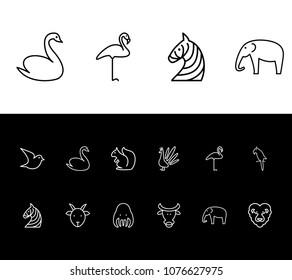 Zoo icon set and flamingo with bull, lion and zebra. Trunked animal related zoo icon vector for web UI logo design.