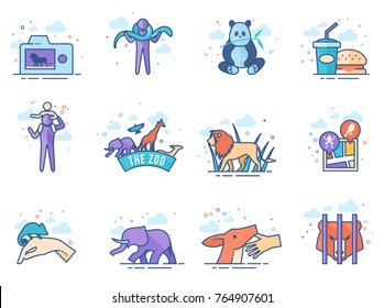 Zoo icons in flat color style. Vector illustration.
