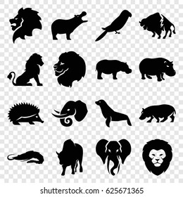 Zoo icons set. set of 16 zoo filled icons such as lion, alligator, hippopotamus, hedgehog, buffalo, parrot, elephant