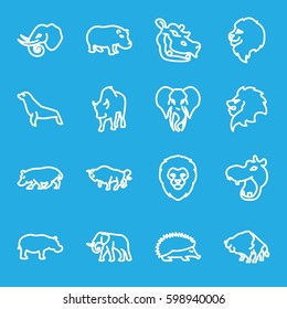 zoo icons set. Set of 16 zoo outline icons such as hippopotamus, lion, hedgehog, buffalo, elephant