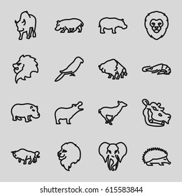 Zoo icons set. set of 16 zoo outline icons such as lion, alligator, hippopotamus, hedgehog, buffalo, antelope, parrot