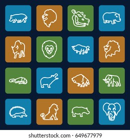 Zoo icons set. set of 16 zoo outline icons such as lion, alligator, hippopotamus, hedgehog, buffalo