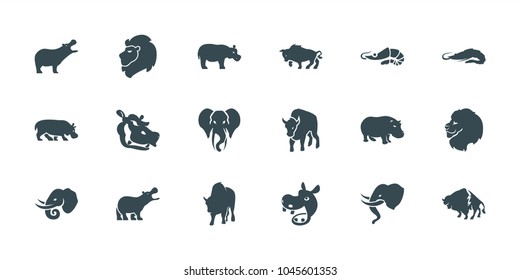 Zoo icons. set of 18 editable filled zoo icons: lion, alligator, hippopotamus, buffalo