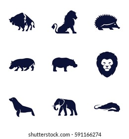 zoo icons set. Set of 9 zoo filled icons such as lion, alligator, hedgehog, buffalo, elephant, hippopotamus