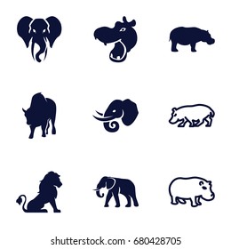 Zoo icons set. set of 9 zoo filled and outline icons such as lion, hippopotamus, elephant