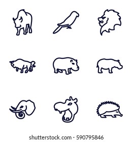 zoo icons set. Set of 9 zoo outline icons such as hippopotamus, lion, hedgehog, buffalo, parrot