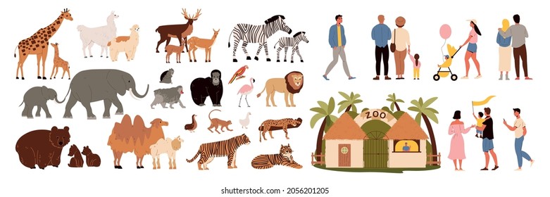 Zoo icons set with animals and visitors flat isolated vector illustration