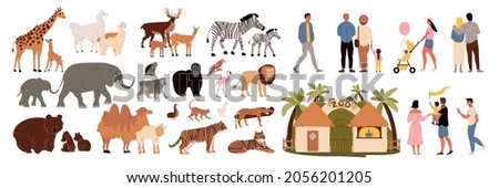 Zoo icons set with animals and visitors flat isolated vector illustration
