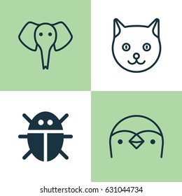 Zoo Icons Set. Collection Of Beetle, Diver, Trunked Animal And Other Elements. Also Includes Symbols Such As Penguin, Pussy, Animal.