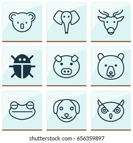 Zoo Icons Set. Collection Of Beetle, Night Fowl, Grizzly And Other Elements. Also Includes Symbols Such As Bear, Frog, Moose.