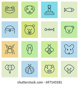 Zoo Icons Set. Collection Of Marsupial, Grizzly, Seafood Skeleton And Other Elements. Also Includes Symbols Such As Mallard, Bee, Chimpanzee.
