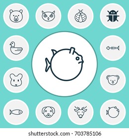 Zoo Icons Set. Collection Of Seafood Skeleton, Puppy, Marsupial And Other Elements. Also Includes Symbols Such As Dog, Night, Rat.