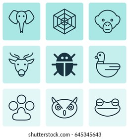 Zoo Icons Set. Collection Of Trunked Animal, Cobweb, Goose And Other Elements. Also Includes Symbols Such As Owl, Goose, Paw.