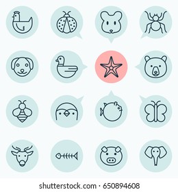 Zoo Icons Set. Collection Of Trunked Animal, Moose, Goose And Other Elements. Also Includes Symbols Such As Penguin, Starfish, Butterflyfish.