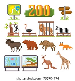Zoo icons set. Pixel art. Old school computer graphic style. Games elements.