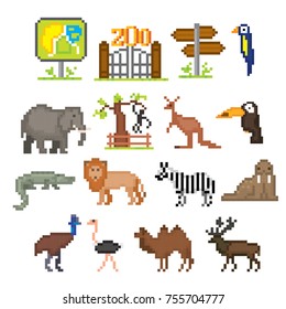 Zoo icons set. Pixel art. Old school computer graphic style. Games elements.