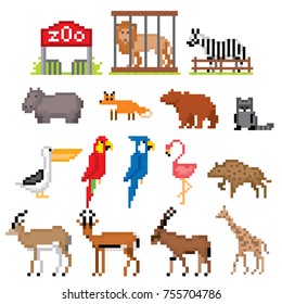 Zoo icons set. Pixel art. Old school computer graphic style. Games elements.