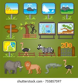 Zoo icons set. Pixel art. Old school computer graphic style. Games elements.