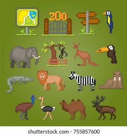 Zoo icons set. Pixel art. Old school computer graphic style. Games elements.