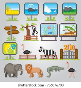 Zoo icons set. Pixel art. Old school computer graphic style. Games elements.