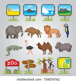 Zoo icons set. Pixel art. Old school computer graphic style. Games elements.