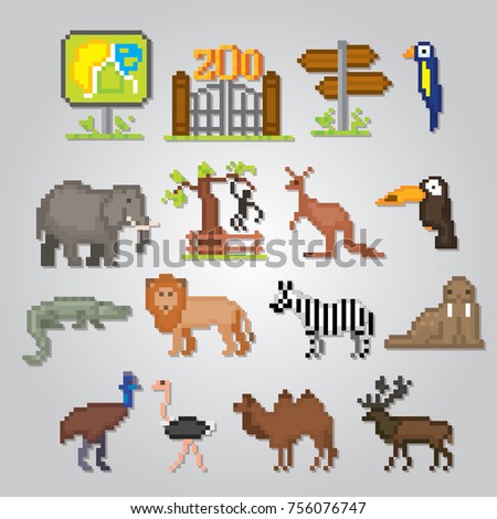 Zoo icons set. Pixel art. Old school computer graphic style. Games elements.