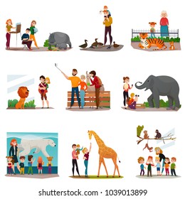 Zoo icons set with visitors making selfie feeding ducks watching tigers talking to giraffe isolated vector illustrations