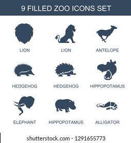zoo icons. Trendy 9 zoo icons. Contain icons such as lion, antelope, hedgehog, hippopotamus, elephant, alligator. zoo icon for web and mobile.