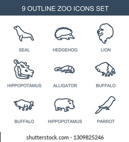 zoo icons. Trendy 9 zoo icons. Contain icons such as seal, hedgehog, lion, hippopotamus, alligator, buffalo, parrot. zoo icon for web and mobile.