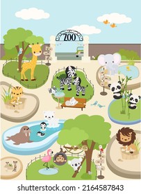 Ilustración zoológico con animales lindos. El tigre, el panda, el león. elefante, jirafa están todos ahí. Pero también un dulce oso de hielo y pinguinos jugando y divirtiéndose.