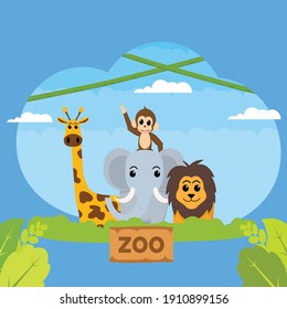 Zoo infographics elements with elephant, giraffe, vulture, crocodile, monkey, deer, zebra  