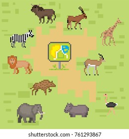 Zoo infographics elements. Pixel art. Games element. Old school computer graphics style. Fanny animals in park