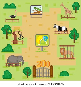 Zoo infographics elements. Pixel art. Games element. Old school computer graphics style. Fanny animals in park
