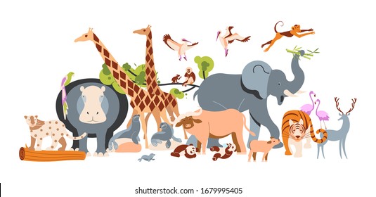 Zoo invite banner design. Zoological garden template with various animals and birds. Flat Art Vector illustration